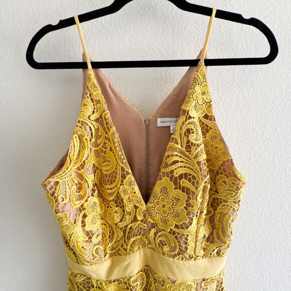 Dress the Population Ava Yellow Lace Mini Dress Large V-Neck Sleeveless Lined - Picture 3 of 15